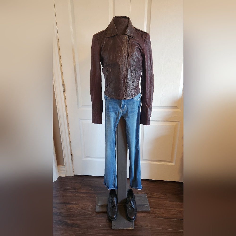 Theory Women's Burgandy Leather Jacket Size P (Similar to XS)